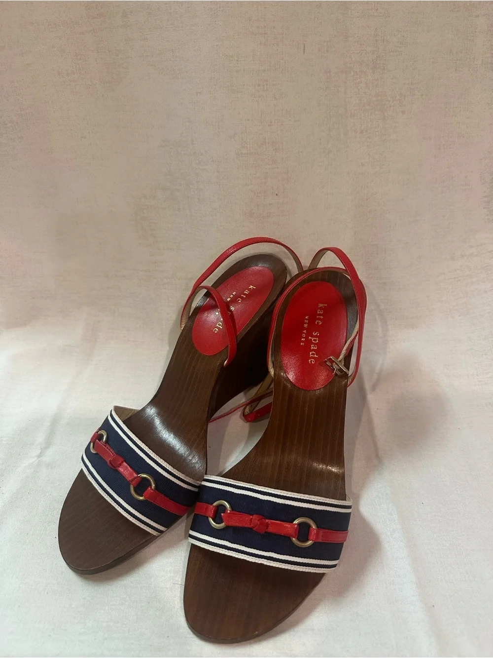 J. Crew Red and Navy Striped Wedge Sandals